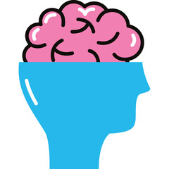 Stylized Blue Head Silhouette Revealing Pink Brain Illustration With Black Outline On Transparent Background Representing Thought Process And Cognition