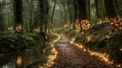 Enchanted forest path with fairy lights