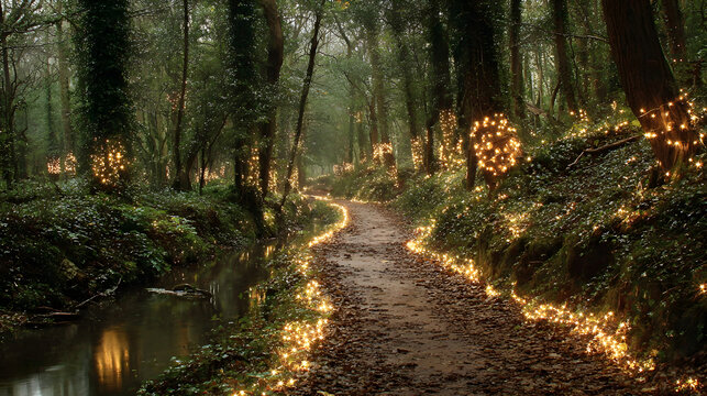 Enchanted forest path with fairy lights