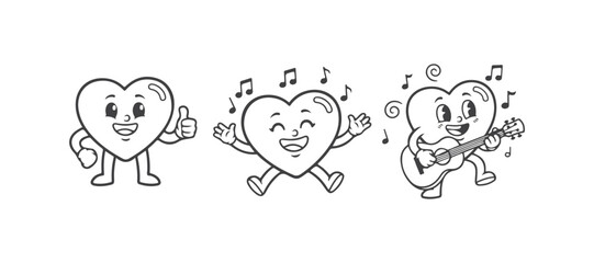 Cartoon Retro Groovy Heart funny vector set of characters