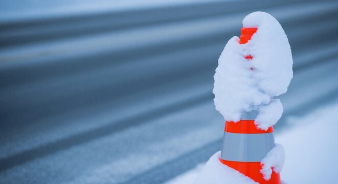 An orange traffic cone covered in fresh snow on a winter road. Hazardous driving conditions and safety concept. Cold weather background with copy space - Powered by Adobe