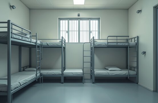 Modern empty prison cell features multiple metal bunk beds, with clean white walls, minimal design. Barred window shows outside light. Security camera, several light fixtures installed inside