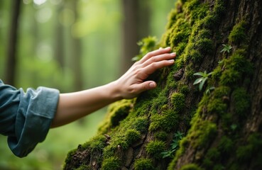 Hand touches moss on tree bark in green forest. Person explores wild nature, connects with earth ecology and lush ecosystem. Gentle contact with natural environment.