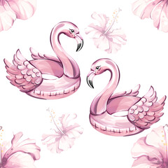 Summer vibes with seamless pattern featuring flamingo inflatables and hibiscus flowers for relaxing beach holiday wallpaper and festive border arrangement