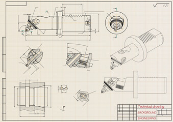 Mechanical engineering drawings on light background. Cutting tools, milling cutter. Technical Design. Cover. Blueprint. Horizontal seamless pattern. Vector illustration.