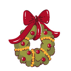 Christmas wreath made of green leaves, red berries, and golden beads with big red bow. Cute cartoon doodle style festive element for cards, stickers, or holiday design, vector illustration.