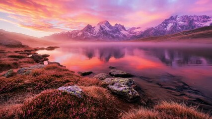 Majestic alpine lake reflecting snow-capped mountains under a vibrant, colorful twilight sky with mist - Powered by Adobe