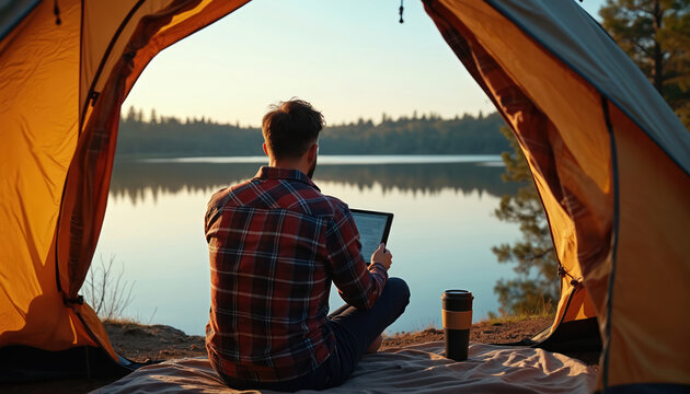 Man with tablet and coffee sits in tent near lake. Camper enjoys nature, reads news. Morning sun illuminates calm water. Remote work or leisure in outdoors. - Powered by Adobe