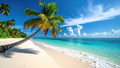 Obraz premium Tropical Island Paradise Palm Tree Overlooking Turquoise Ocean Water With White Sandy Beach and Blue Sky