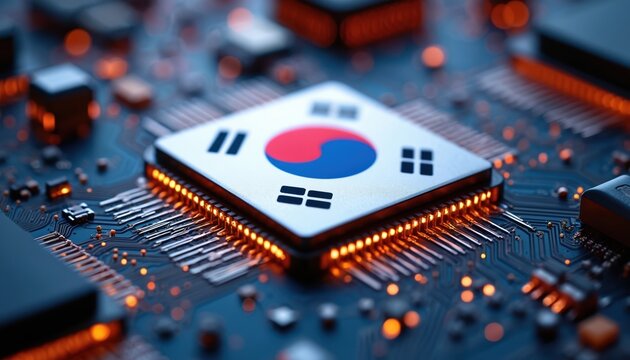South Korean flag on modern microchip highlights national tech innovation, digital progress. Electronic circuit board with glowing components represents advanced computing, engineering power, global