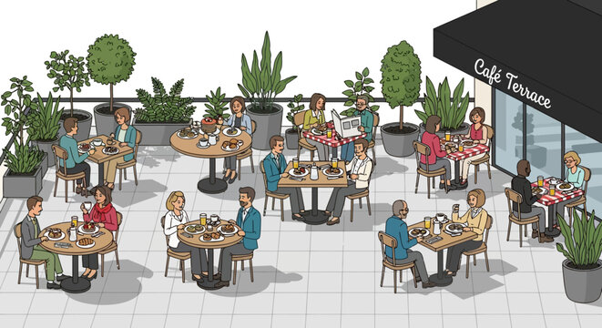 An inviting outdoor cafe terrace scene bustling with people enjoying food and drinks in a vibrant urban setting