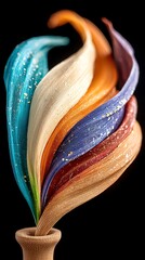 a vibrant flower composed of multiple layers of rainbow colors, arranged in a unique way