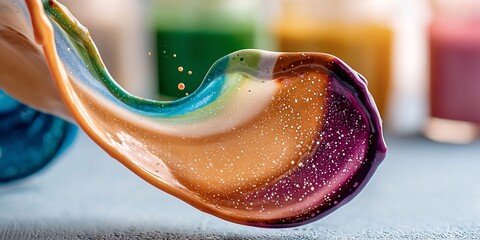 a vibrant, rainbow-colored glass object floating on a soft surface