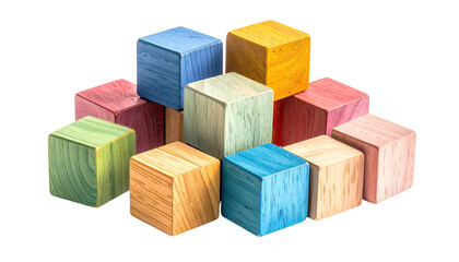 Stacked, colorful wooden cubes with visible wood grain texture
