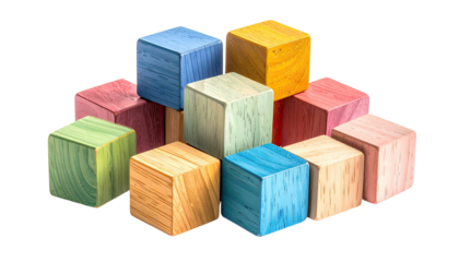 Stacked, colorful wooden cubes with visible wood grain texture
