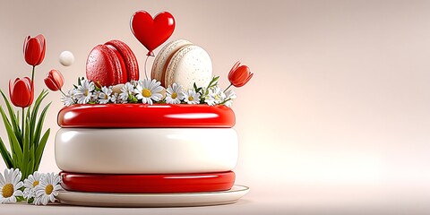 a whimsical cake decorated with flowers and balloons, set against a soft background