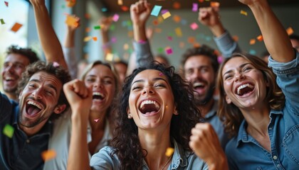 Diverse business team celebrates with colorful confetti falling. Happy young people cheer, laugh loudly, raise fists in victory. Colleagues enjoy great success together at modern office party.