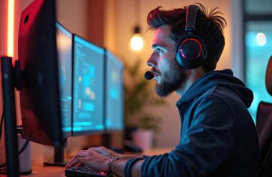Young man with headset works on computer. Focused person types on keyboard in dim office with multiple monitors displaying code or data. He is in virtual meeting or coding project.