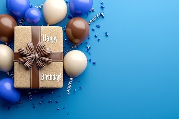 a happy birthday gift box decorated with balloons and confetti on a bright blue background