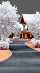 a miniature landscape featuring a winding road flanked by beautiful white trees.
