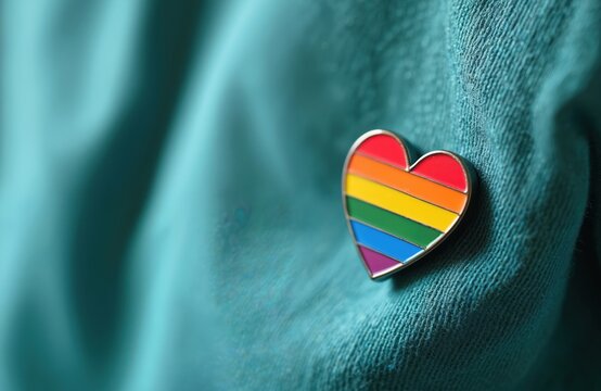 Rainbow heart pin attached to teal fabric. Symbolizes LGBT pride, love, and equality. Supports diversity and inclusion movements globally. Represents freedom and acceptance.