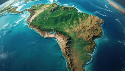 Globe view shows South America. Continent shows the land topography, mountains, green forests. Blue ocean water with light waves surrounds land. Map of Earth is 3d rendering graphic element.