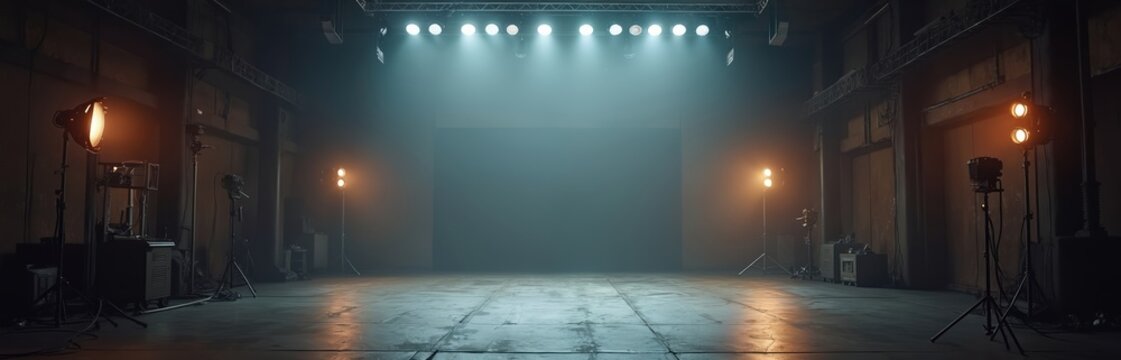 Empty film studio with movie set equipment, lights. Professional movie camera, lighting stands. Dark interior with spotlights. Stage for filming with high ceiling. Production industry setup for