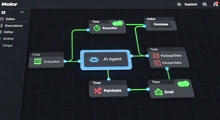 Fototapeta premium Mechanical Flow Automation AI Software Interface Nodes Triggers Data Tool Dashboard Coding Icon Process. 3D Rendering.