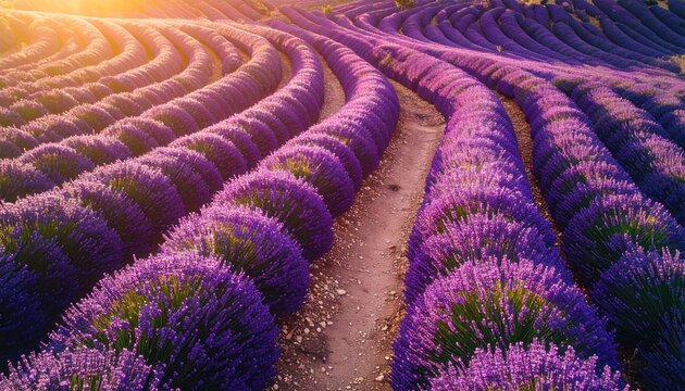 Rolling Fields Of Lavender Under The Golden Hour Sun In Provence France Agriculture Floral Background