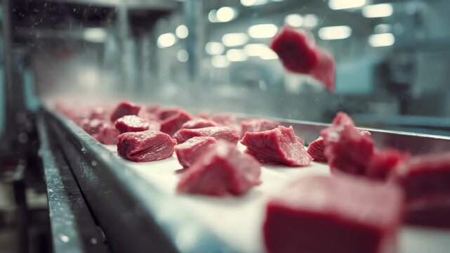 Medium shot capturing meat pieces moving smoothly along a conveyor belt system inside a sanitized processing plant highlighting efficiency and food safety.