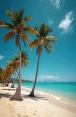 Obraz premium Palm trees line a white sand beach next to clear blue ocean water. Gentle waves lap the shore under a bright sunny sky with scattered clouds. Tropical island paradise awaits.