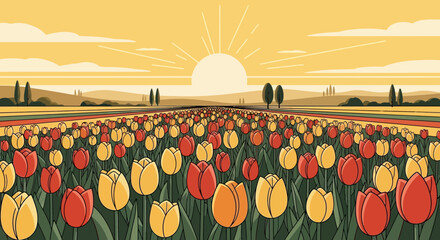 Vibrant tulip field under warm sunrise, picturesque floral illustration