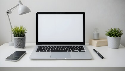 Fototapeta premium Clean modern workspace with laptop mockup for website design promotion, showcasing your brand with sleek tech on a pristine desk, inspiring productivity