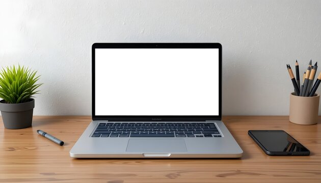 Modern workspace with blank screen laptop, smartphone, and plant offers a clean and bright creative canvas for your next project or marketing campaign