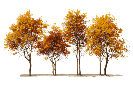 A row of deciduous trees displaying vibrant autumn foliage in shades of orange and yellow, isolated on transparent background