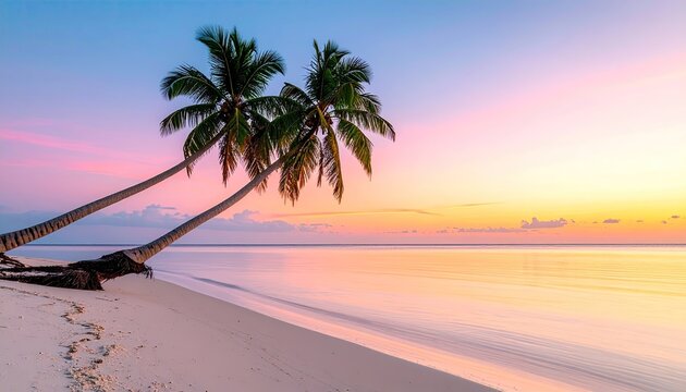 Tropical beach at sunset with palm trees casting shadows on the sand and calm ocean reflecting the colorful sky in soft pastel hues.