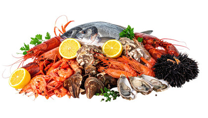 Seafood bounty fish, lobster, shrimp, oysters, urchin
