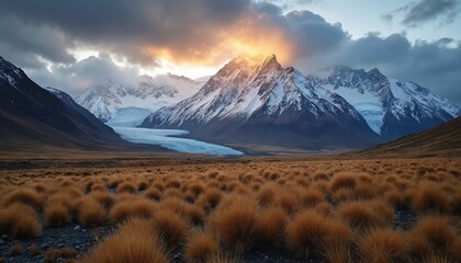 Majestic snowy mountain range with glacier under cloudy sky at sunrise. Dry golden grass covers foreground valley. Aoraki Mount Cook, New Zealand scenery.