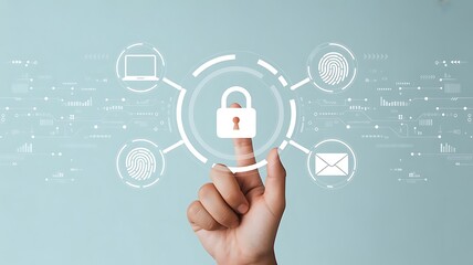 Fototapeta premium Internet network security concept with hand pressing a button on a technology screen, lock icon on virtual screen, representing security, data protection