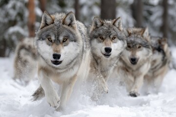 Obraz premium Wolves running through snowy forest in winter landscape