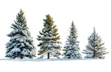 Obraz premium Four snowcovered pine trees standing in a row, isolated on transparent background