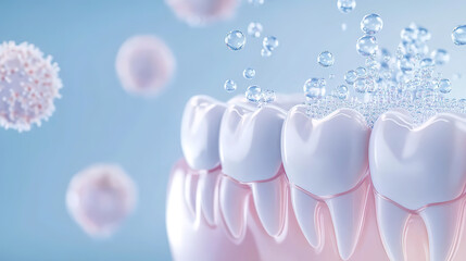 3D teeth model illustration with water molecule background for a dental hygiene cleaning theme