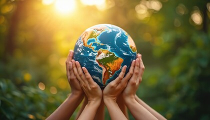Multiple hands hold a glowing earth globe above heads against blurred green foliage and bright sun. Represents global unity, planet care, environmental protection, and diverse community support.