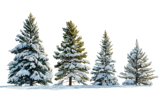 Four snowcovered pine trees standing in a row, isolated on transparent background