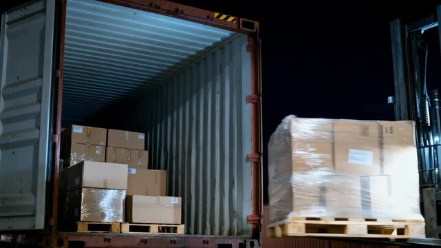 Medium shot focused on advanced LED lights mounted on machinery brightly lighting up a nighttime logistics operation for safety and precision.