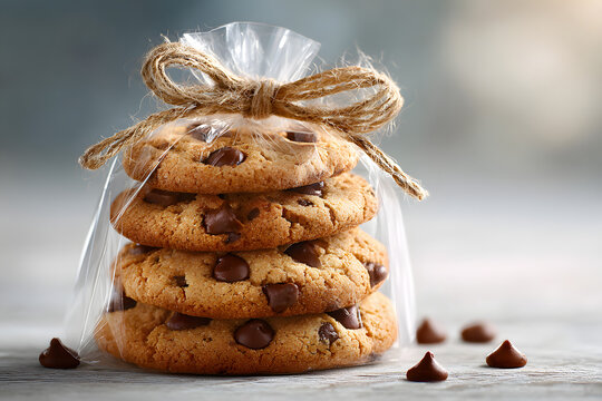 Close - up professional photo for mockup, well lit photo of clear cellophane bag with vertically stacked chocolate chip cookies tied at top of bag with jute bow, on table with white background