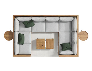 U-shaped sofa, green pillows, wood accents, top-down view
