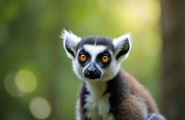 Obraz premium Ring tailed lemur monkey with big orange eyes looks forward. Cute primate with striped tail sits in green jungle leaves. Animal portrait in wild nature habitat.