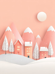 Christmas-themed illustration of a small house under a snow-capped mountain