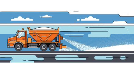 Salt truck spreading granules on icy road in a winter landscape  